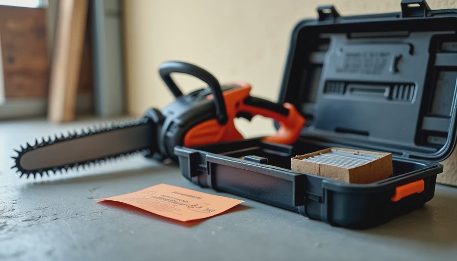 Reciprocating saw and open case with return receipt on garage floor