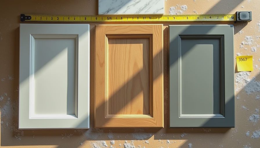 Side-by-side cabinet door samples and quartz countertop piece with price notes