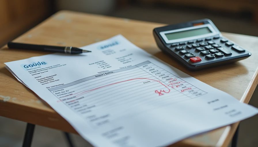 Asbestos and plumber invoices with calculator showing combined overrun