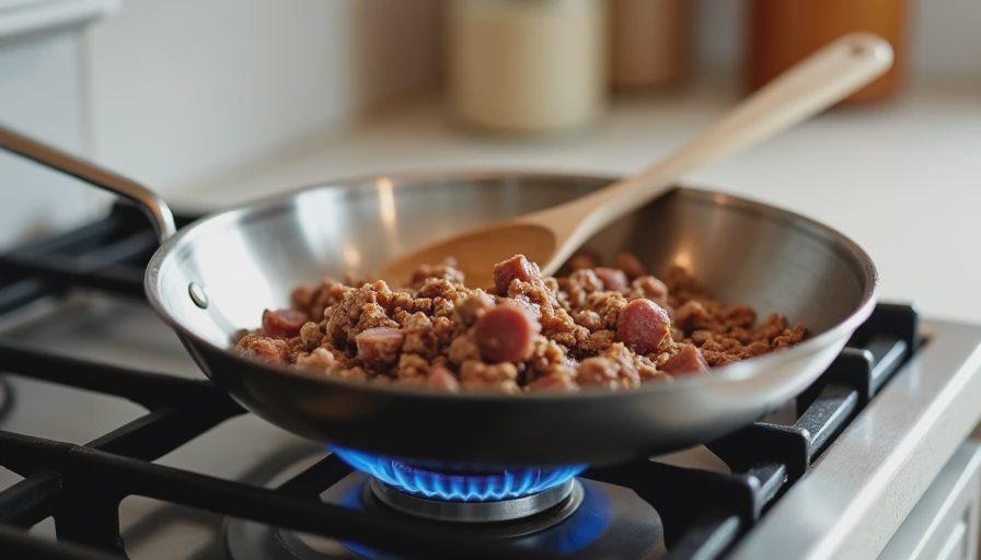 Sausage and beef browning in skillet on new gas range