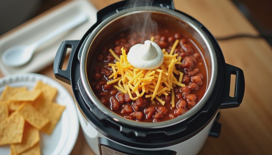 Instant Pot chili topped with cheese and chips on folding table