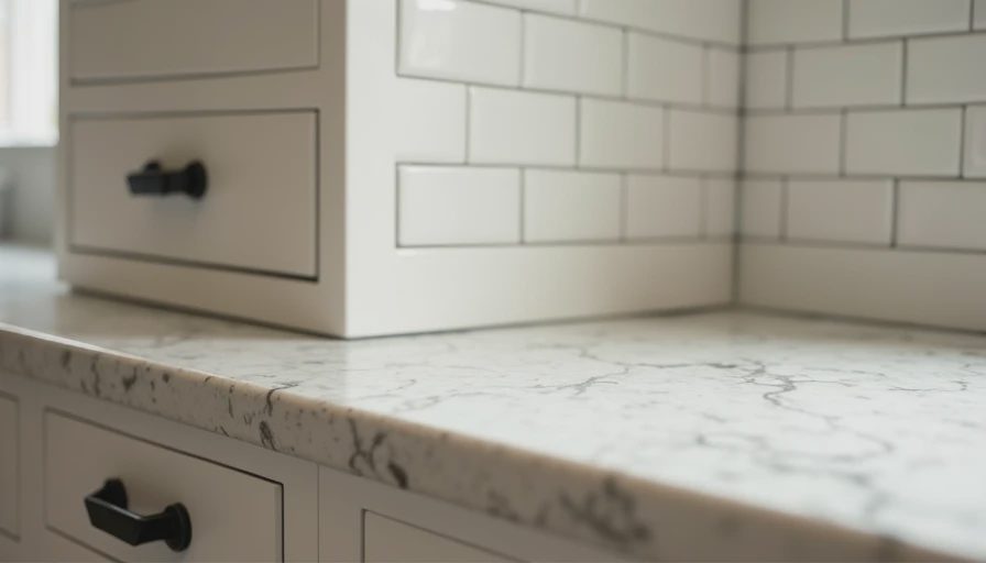 Close-up of subway-tile backsplash meeting quartz countertop in finished kitchen
