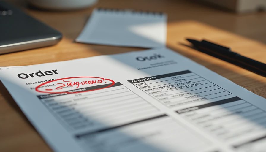 Cabinet order confirmation and packing list with handwritten delay notes