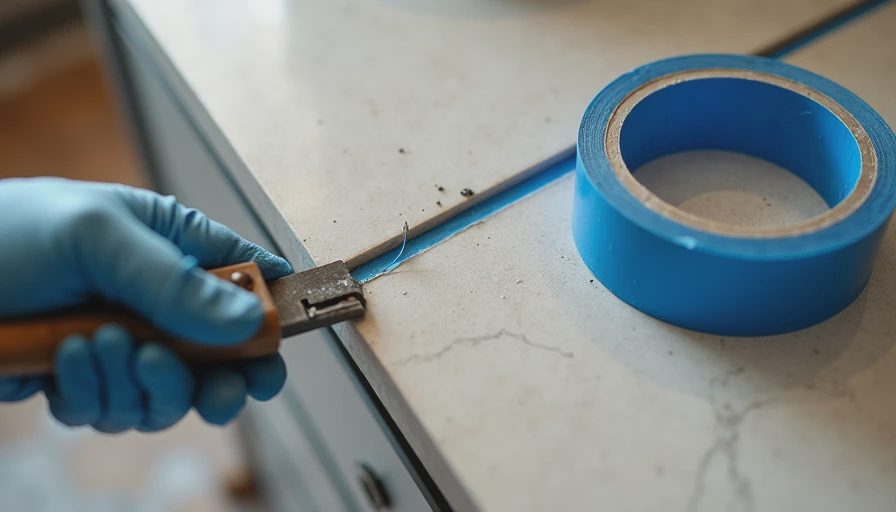 Close-up of quartz countertop seam with color-matched epoxy being applied