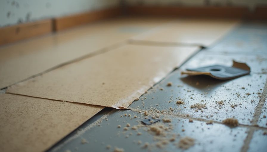 Peeled vinyl flooring revealing adhesive and subfloor during kitchen demo