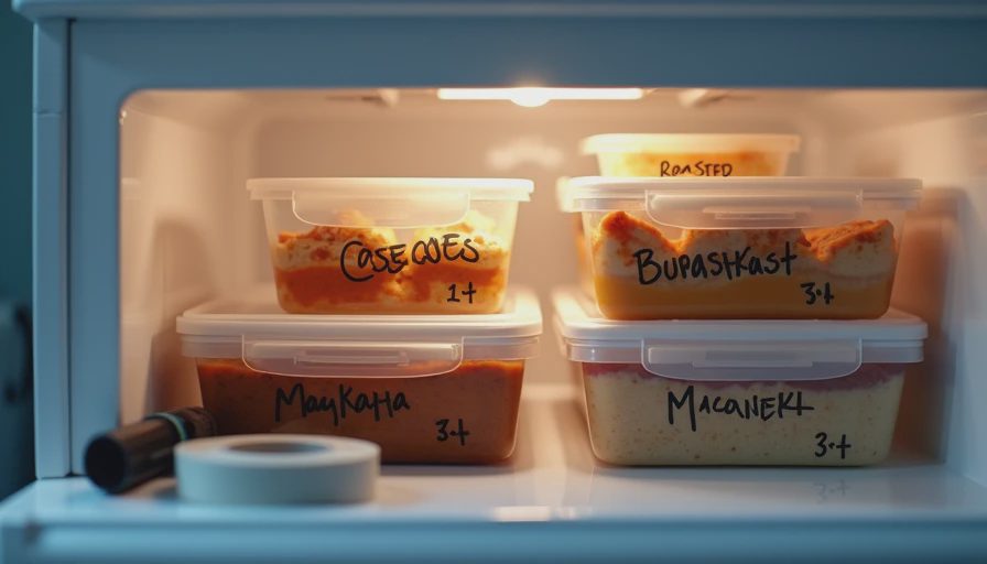 Labeled leftover containers stacked in freezer ready for temporary kitchen
